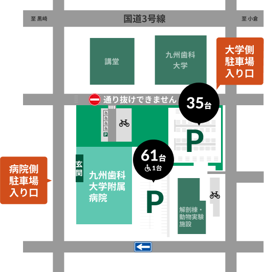 駐車場案内図。国道3号線に面した九州歯科大学附属病院の駐車場配置を示す地図。大学側駐車場（35台）と病院側駐車場（61台、車椅子可1台含む）の2箇所があり、それぞれ専用の入り口が設けられています。病院の玄関、自転車駐輪場の位置、通り抜け禁止区域、一方通行の表示も含まれています。