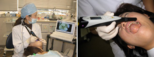 高精度機器を用いた検査（左：高感度口腔内カメラ、右：レーザー）