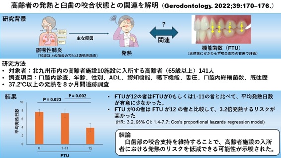 高齢者の発熱と口腔の咬合状態の関連を示す研究図。北九州市の高齢者施設入所者を対象とし、機能歯数（FTU）が少ないほど平均発熱日数と発熱リスクが高いことを示している。